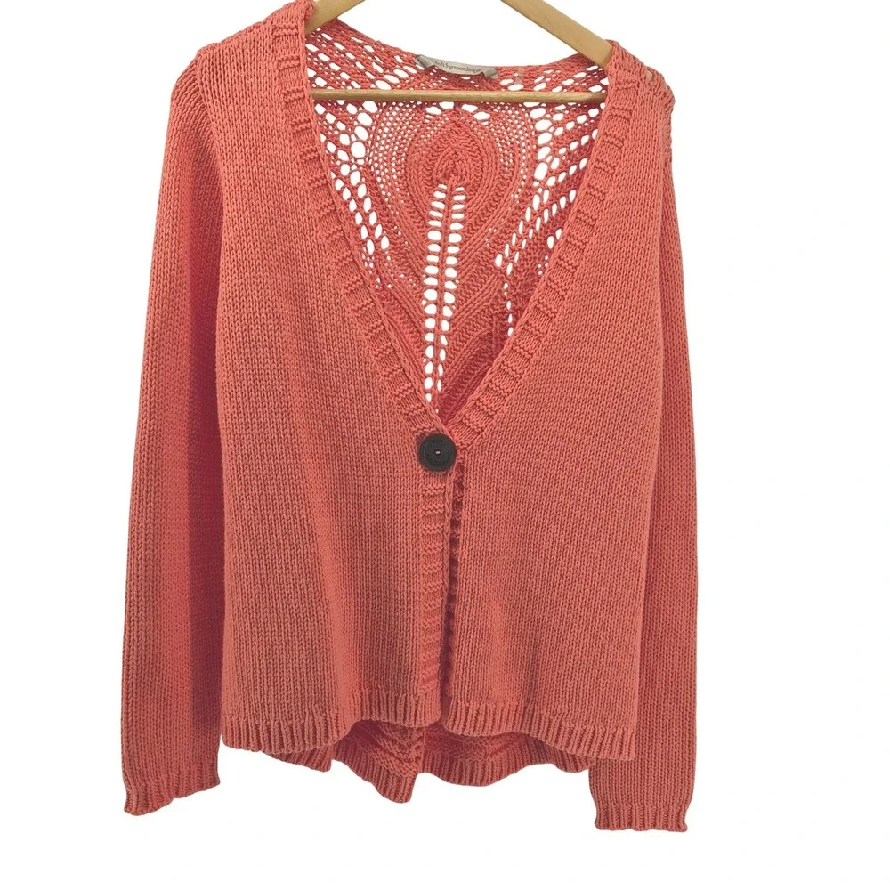 Soft Surroundings Coral Orange Crochet Knit Button Front Cardigan Sweater‎ PM